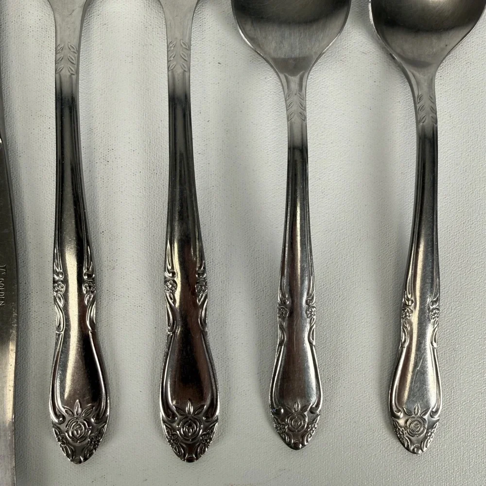 Vintage Golden Lifetime Cutlery Stainless Steel Floral Rose Set of 9 Flatware